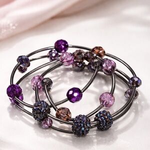 💜 Croft & Barrow Beaded Stretch Bracelet Set – Purple & Gunmetal | NWT 💜